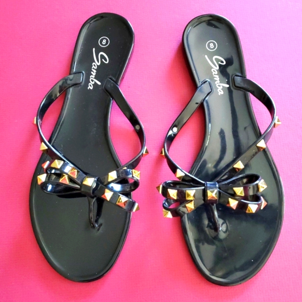 Gold Studded Bow Jelly Thong Sandal, Size 8